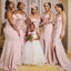 Elegant Pink One-shoulder Floral Lace Mermaid Side-slit Long Bridesmaid Dress, BD3224