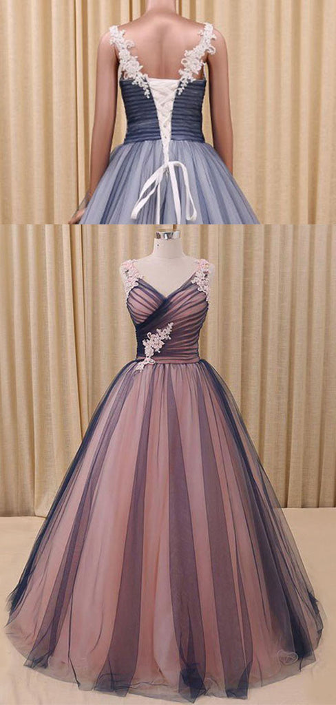 Elegant Purple Or Navy Sleeveless V-neck A-line Long Prom Dress, PD3441