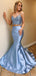 Elegant Sexy Baby Blue Two-piece V-neck Lace Top Mermaid Long Prom Dress, PD3124