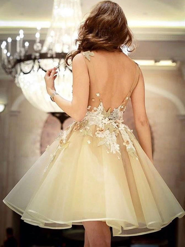 Elegant Soft Yellow Floral Appliques V-neck A-line Backless Mini Homecoming Dress, HD3050
