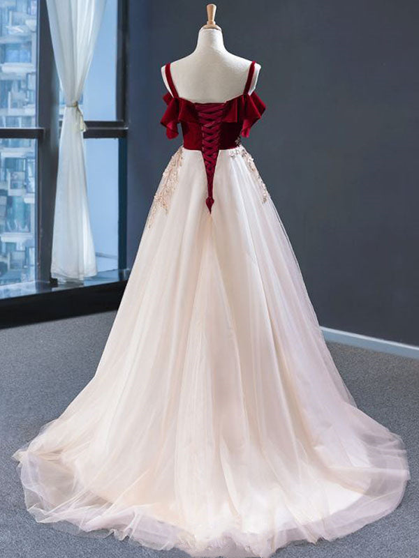 Elegant Spaghetti Strap Burgundy Velvet Top Pink A-line Long Prom Dress, PD3173