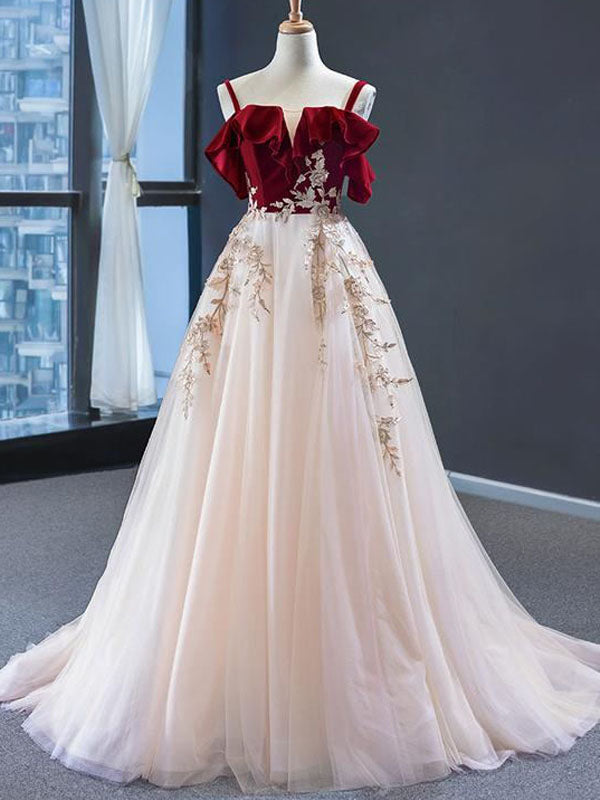 Elegant Spaghetti Strap Burgundy Velvet Top Pink A-line Long Prom Dress, PD3173