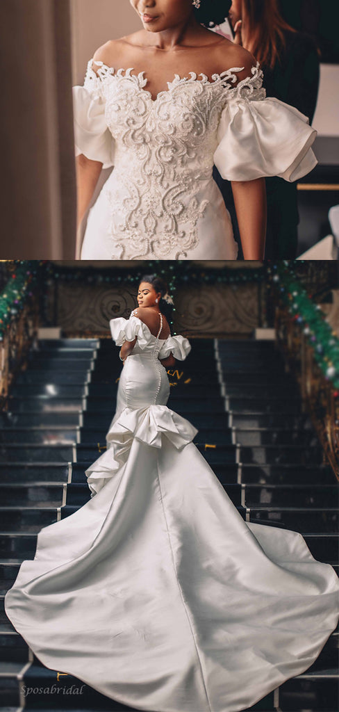 Elegant Sweetheart Lace Top Bubble Short Sleeves Mermaid Long Train Weddig Dress, WD3078