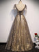 Elegant V-neck Organza Grey Lace A-line Spaghetti Straps Lace-up Back Long Prom Dress, PD3239