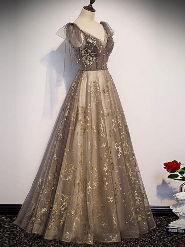 Elegant V-neck Organza Grey Lace A-line Spaghetti Straps Lace-up Back Long Prom Dress, PD3239