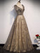 Elegant V-neck Organza Grey Lace A-line Spaghetti Straps Lace-up Back Long Prom Dress, PD3239