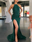 Emerald Green Halter Open Back Side-slit Mermaid Long Prom Dress, PD3527