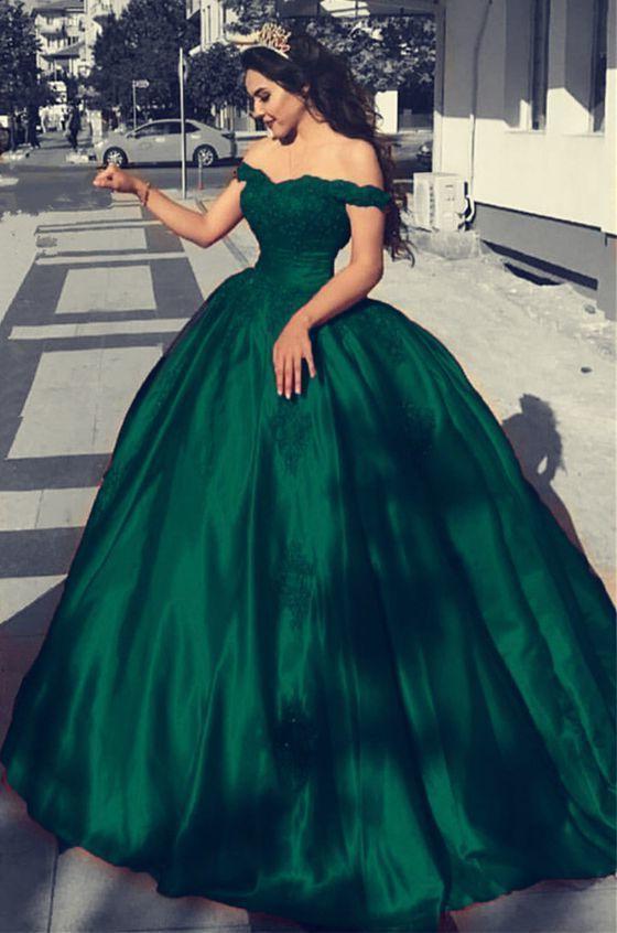 Emerald Off-shoulder Lace Top Elegant A-line Long Prom Dress, PD3371