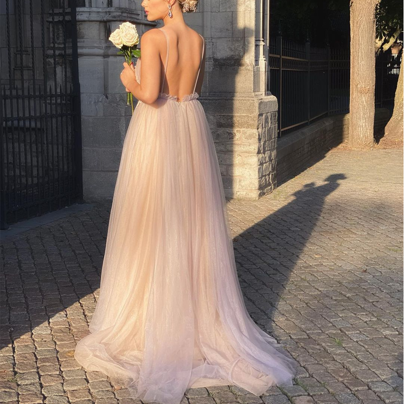 Floral Spaghetti Strap Sweetheart A-line Tulle Long Prom Dress, PD2368