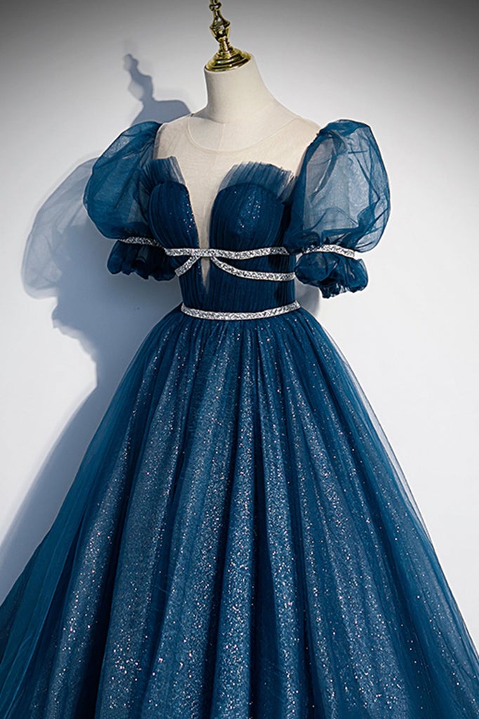 Formal Sparkly Navy And Burgundy Short Sleeves A-line Princess Long Prom Dress, PD3388