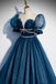 Formal Sparkly Navy And Burgundy Short Sleeves A-line Princess Long Prom Dress, PD3388