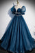 Formal Sparkly Navy And Burgundy Short Sleeves A-line Princess Long Prom Dress, PD3388