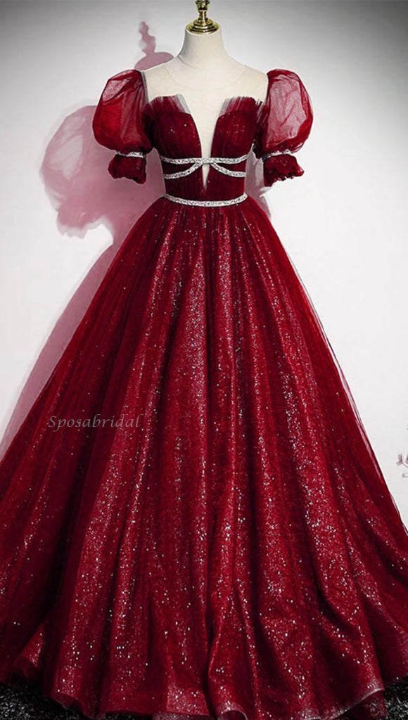 Formal Sparkly Navy And Burgundy Short Sleeves A-line Princess Long Prom Dress, PD3388