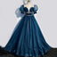 Formal Sparkly Navy And Burgundy Short Sleeves A-line Princess Long Prom Dress, PD3388