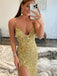 Gold Sexy Sequin Spaghetti Straps Side-slit Mermaid Long Prom Dresses, PD3459