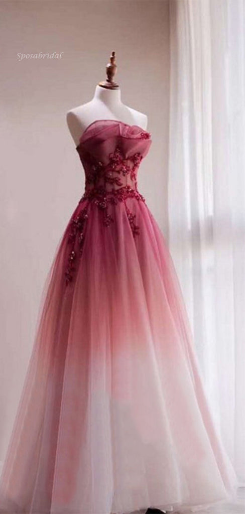 Gradient Dark Red Floral Lace Top A-line Long Prom Dress, PD3367