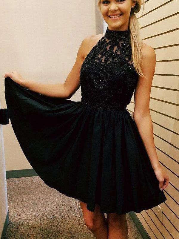 Cheap Short Lace Beaded Halter Black Homecoming Dresses 2018, CM481 - SposaBridal