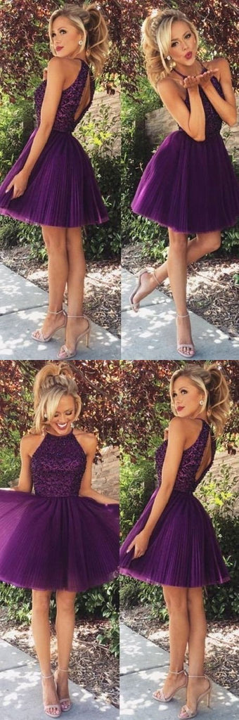 Beaded  Purple Sexy Open back Halter homecoming prom dresses, CM0022 - SposaBridal