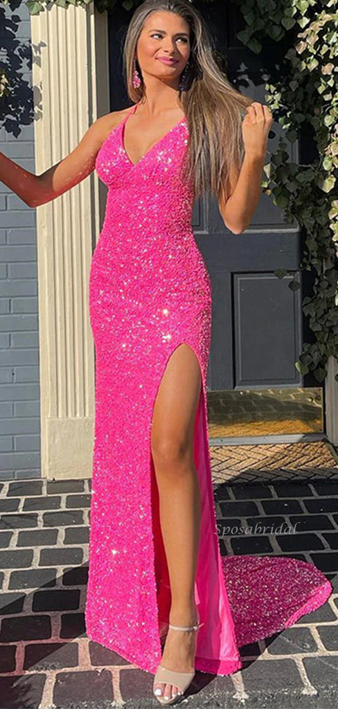 Hot Pink Sexy Halter Open Back Side-slit Mermaid Long Prom Dress, PD3545