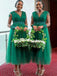 Hunter Green Lace Sleeves V-neck A-line Tulle Tea-length Bridesmaid Dresses, BD3074