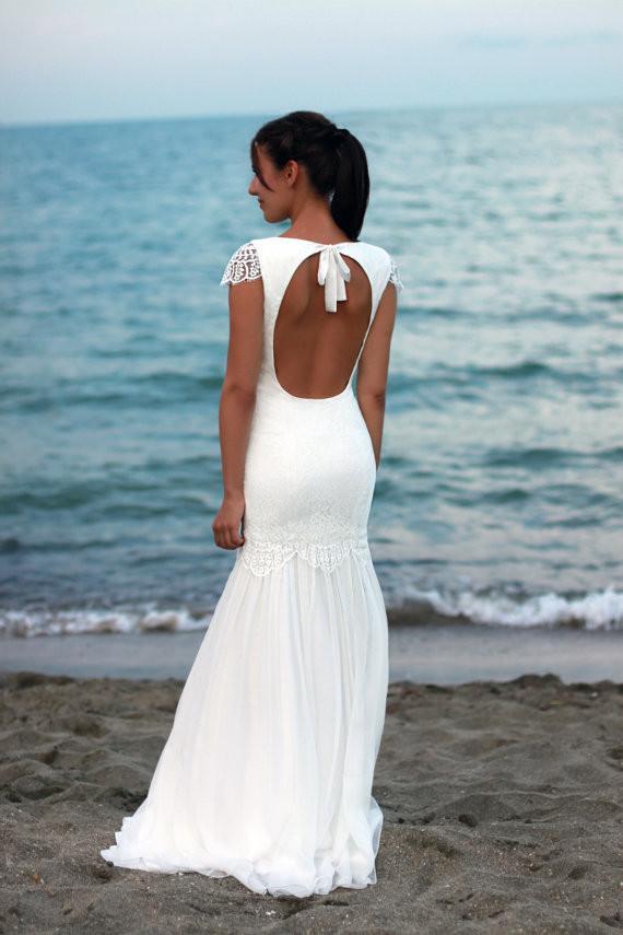Lace Beach Open Back Cap Sleeves Scoop Custom Handmade Wedding Dresses,  WD0230