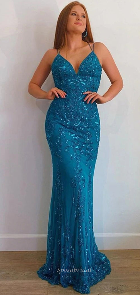 Teal Lace Spaghetti Straps V-neck Mermaid Long Prom Dress, PD3555