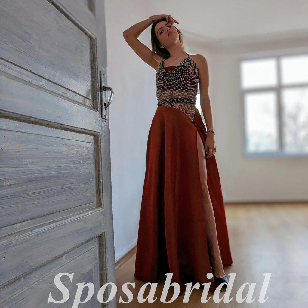 Sexy Satin And Tulle Halter Sleeveless Side Slit A-Line Long Prom Dresses,PD3655