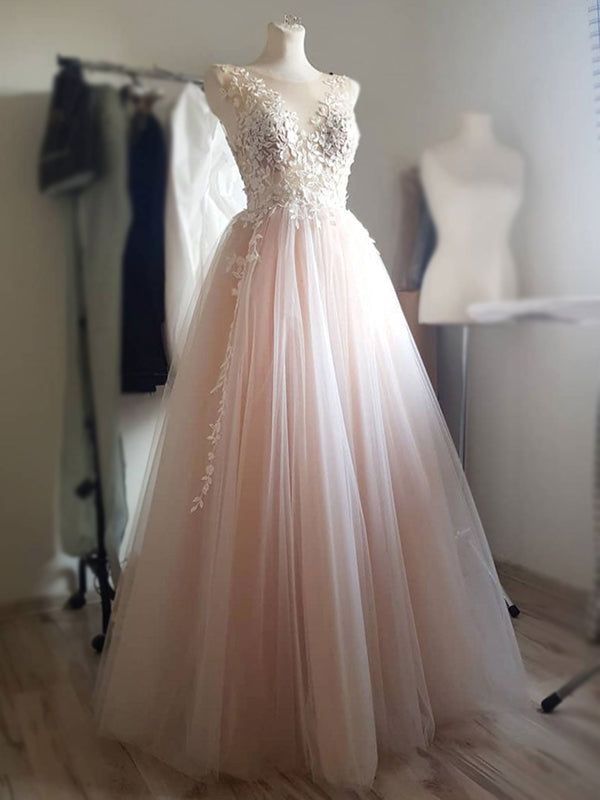 Strapless Lace Top Elegant Formal Blush Pink A-line Tulle Long Prom Dress, PD3399