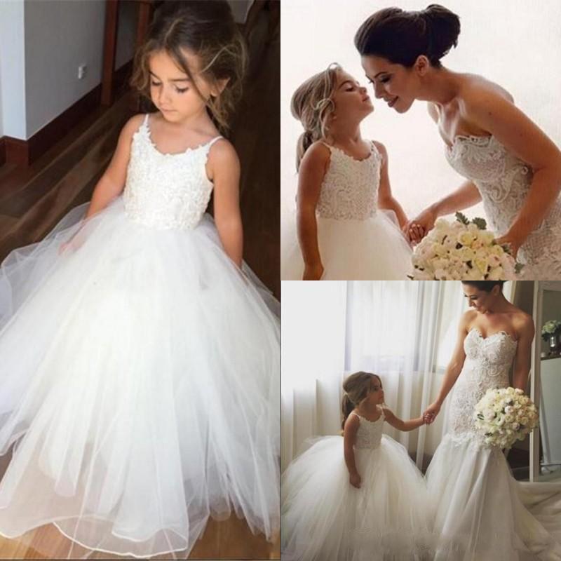 Spaghetti Lace Top White Tulle Hot Sale A-line Flower Girl Dresses, FG005