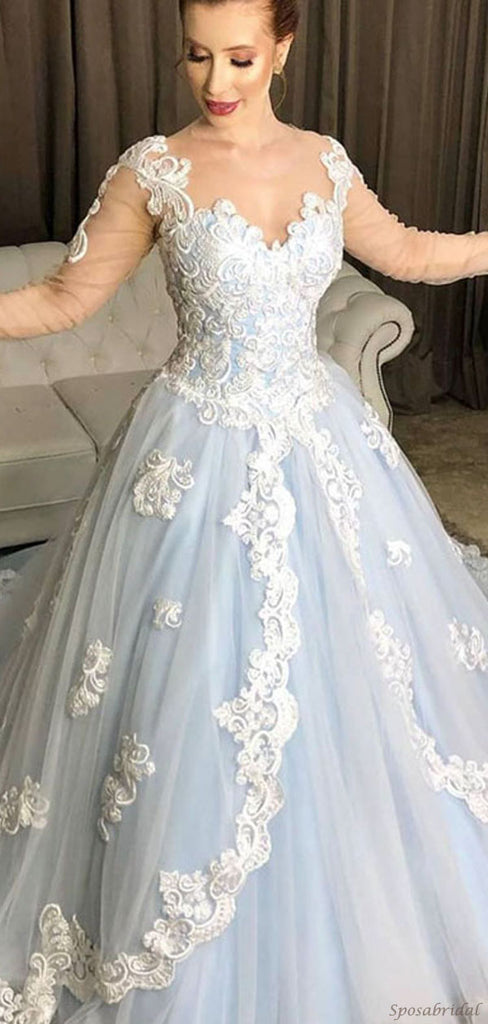 Luxury Ice Blue Lace Long Sleeves A-line Long Prom Dress, Gown Dress, PD3184
