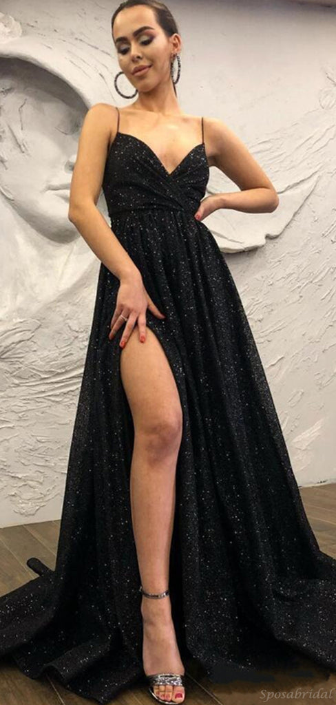 Black Chamring Spaghetti Strap Side Slit Sparkly Sequin Modest Cheap Elegant Formal Long Prom Dresses, PD1218