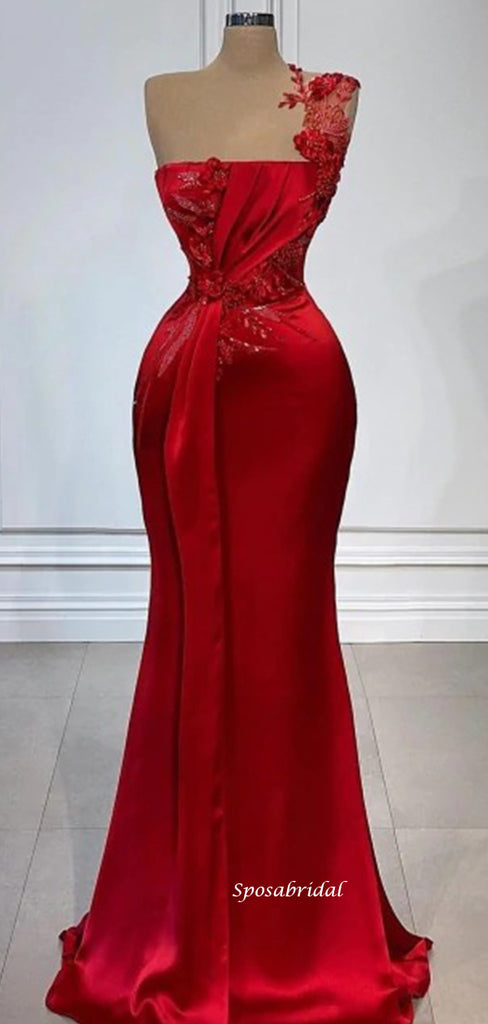 Modest Luxury Scarlett Red One-shoulder Appliques Mermaid Long Prom Dress, PD3521