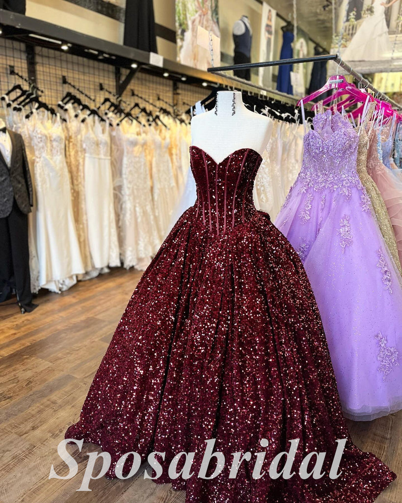 Elegant Sequin Sweetheart V-Neck Sleeveless A-Line Long Prom Dresses,PD3668