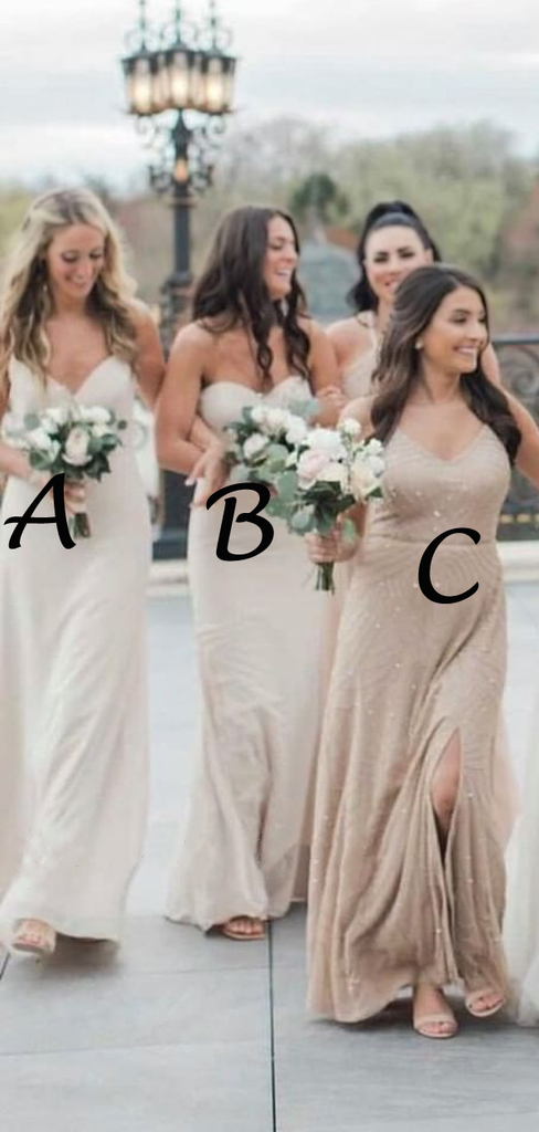 Multi Color And Style Spaghetti Strap Side Slit Long Bridesmaid Dresses, BD3017