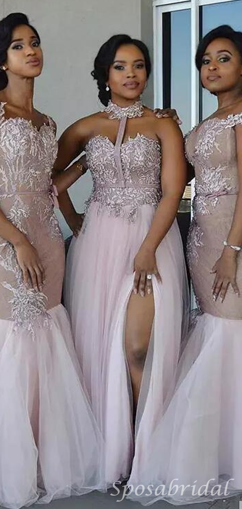 Multi Styles Lace Nude Pink Tulle Long Bridesmaid Dress, BD3073