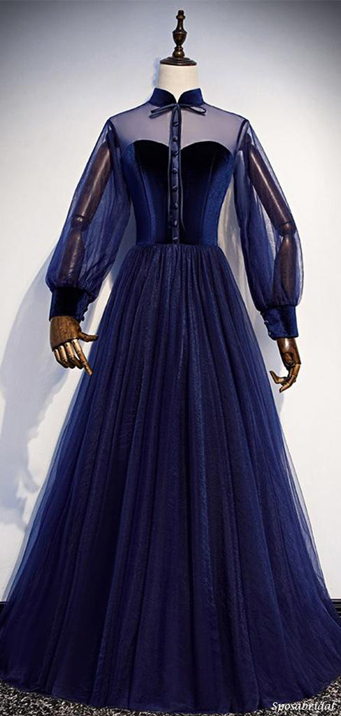 Navy Blue Long Sleeves Velvet Top Lace-up Back A-line Tulle Long Prom Dress, PD3286