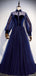 Navy Blue Long Sleeves Velvet Top Lace-up Back A-line Tulle Long Prom Dress, PD3286