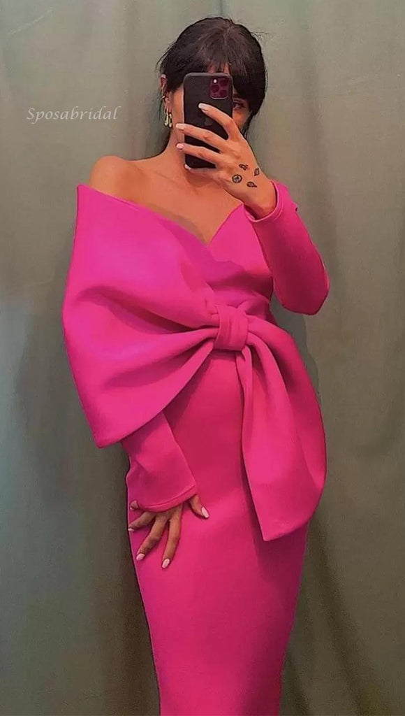 Off-shoulder Fuschia Bow Tie Long Sleeves Mermaid Tea-length Prom Dress, PD3327