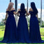 Off-shoulder Navy Blue Lace Top Sweetheart A-line Long Bridesmaid Dress, BD3240