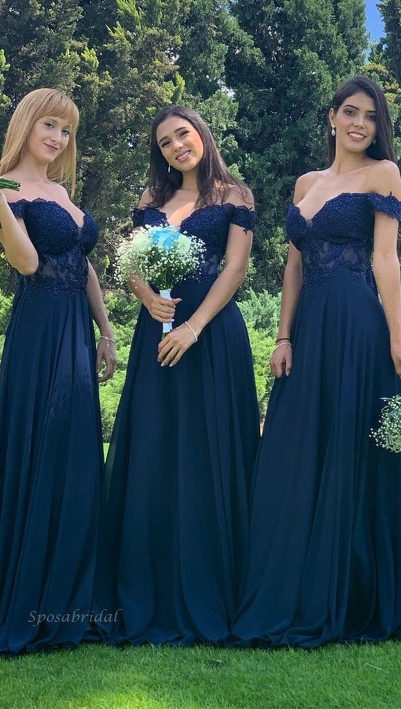 Off-shoulder Navy Blue Lace Top Sweetheart A-line Long Bridesmaid Dress, BD3240