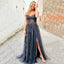 Off-shoulder Steel Grey Sweetheart Lace Side-slit A-line Long Prom Dress, PD3360