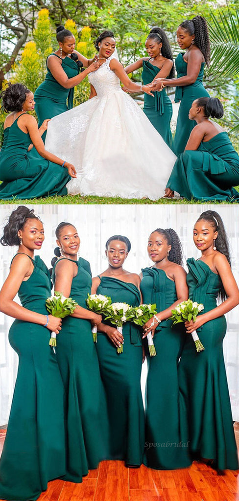 One-shoulder Emerald Green Ruffle Style Mermaid Long Bridesmaid Dress, BD3268