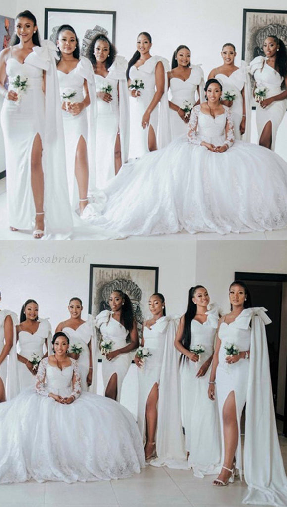 One-shoulder White Sweetheart Bow Tie Side-slit Long Mermaid Bridesmaid Dress, BD3249