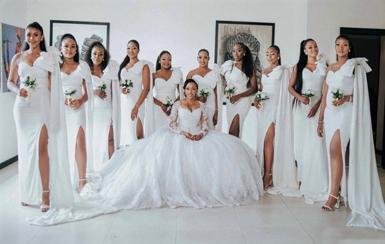 One-shoulder White Sweetheart Bow Tie Side-slit Long Mermaid Bridesmaid Dress, BD3249