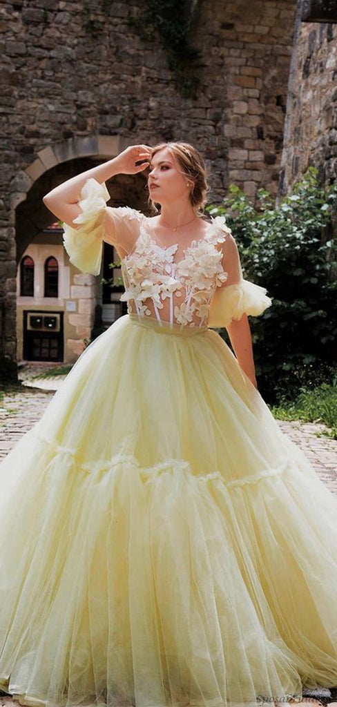 Pale Yellow Short Ruffle Sleeves Floral Top A-line Tulle Long Porm Dress, PD3293