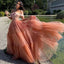 Gradient Coral Pink Off-shoulder Floral Lace Top A-line Long Princess Prom Dress, PD3396