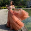 Gradient Coral Pink Off-shoulder Floral Lace Top A-line Long Princess Prom Dress, PD3396