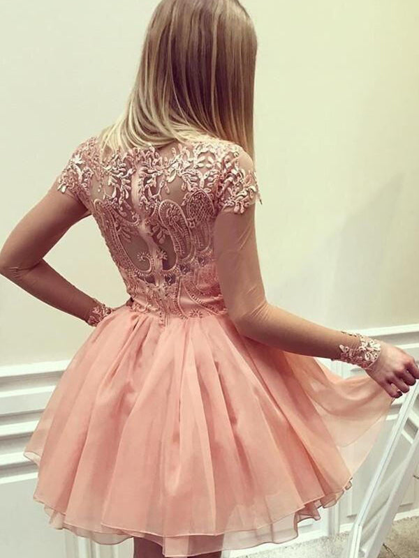 Pink Illusion Lace Top Sweetheart A-line Tulle Mini Homecoming Dress, HD3044