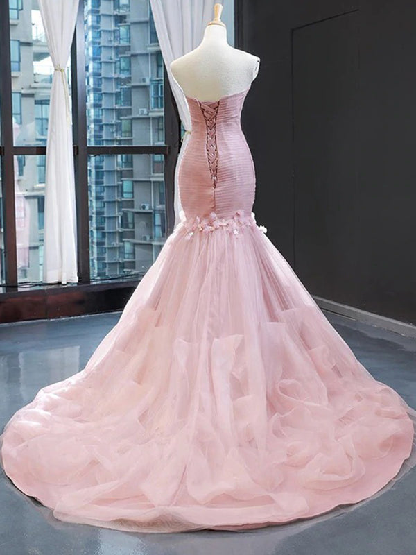 Pink Sweetheart Strapless Pleats Mermaid Trumpet Tulle Prom Dress, PD3484