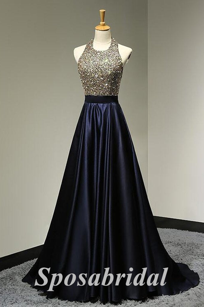 Sexy Sequin And Satin Halter Sleeveless Backless A-Line Long Prom Dresses,PD3676